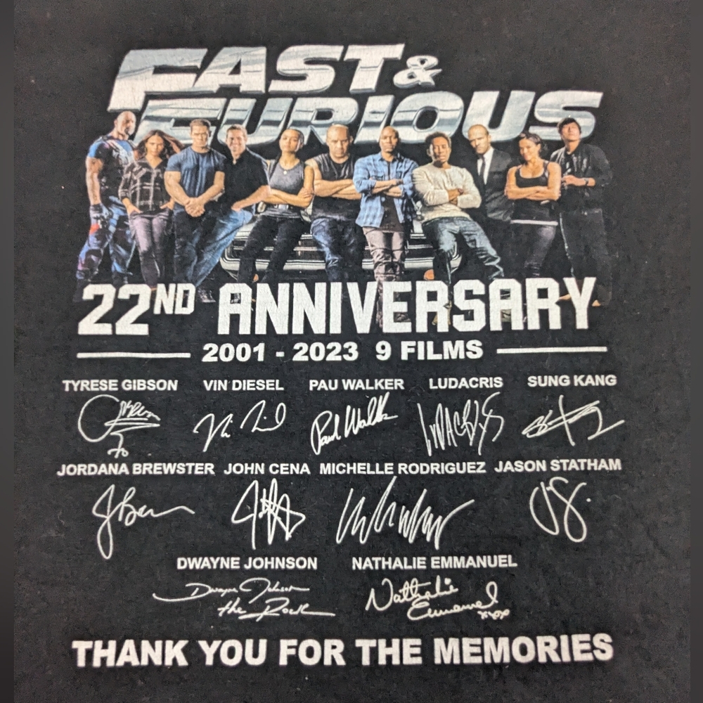 Fast & Furious 22nd Anniversary Tshirt With Actor Pics/Signatures 2XL